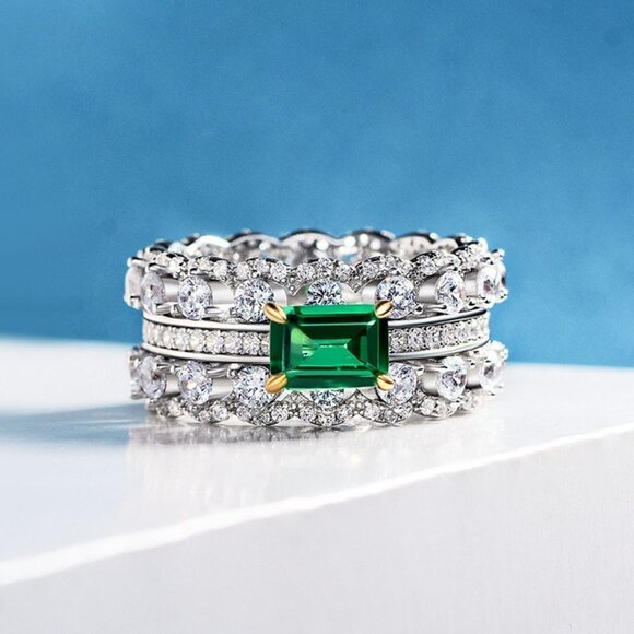 Noble Density Diamond Inlaid Luxury Emerald CZ Ring for Women, HA4406-6 - Picture 4 of 6